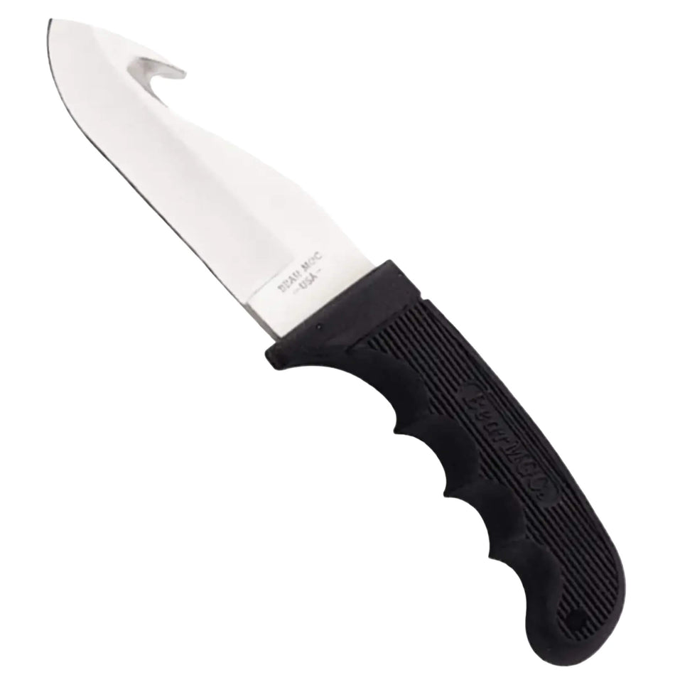 Bear & Son 8-3/8in. Black Fixed Guthook With Leather Sheath Knife