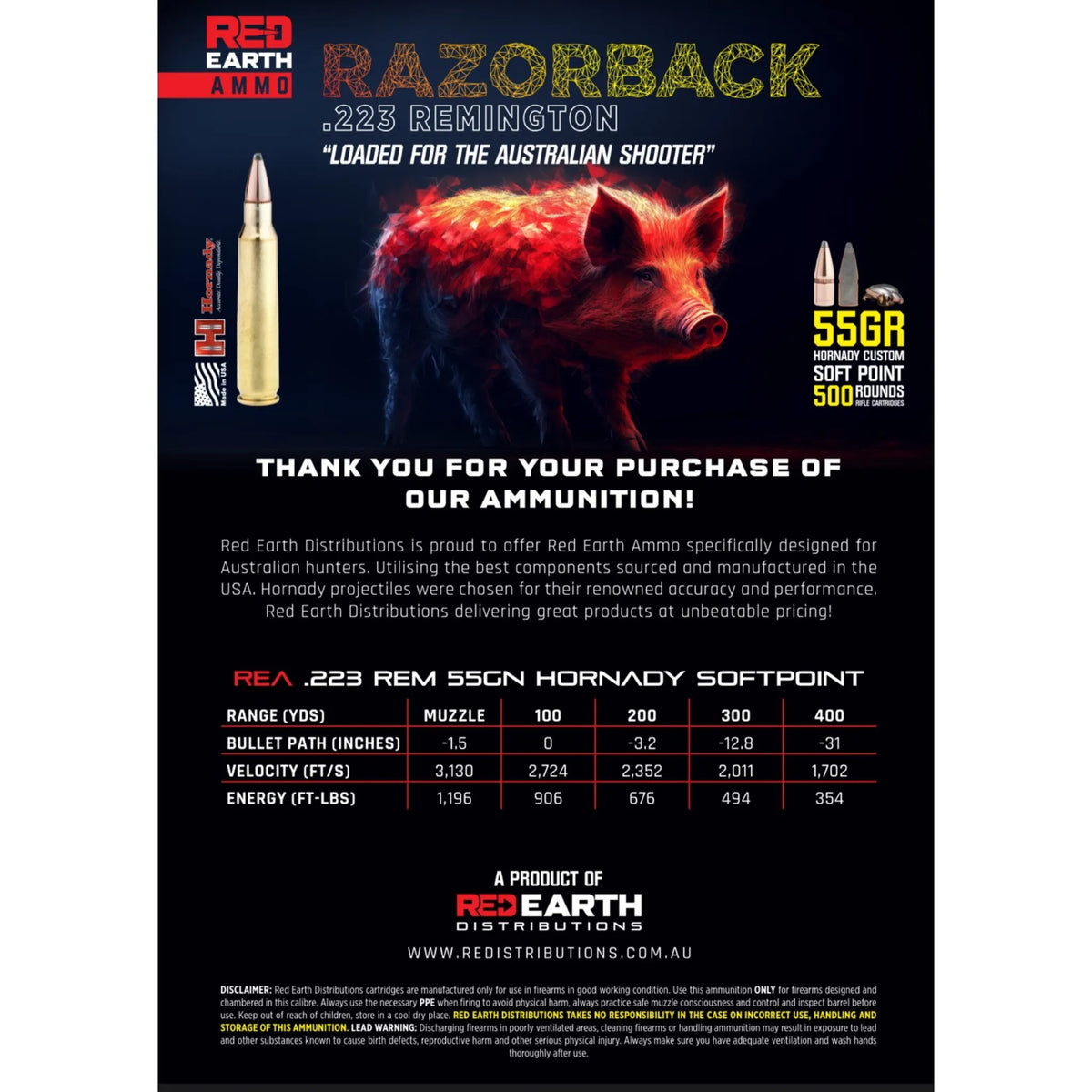 Red Earth Razorback Red Earth Razorback .223Rem 55Grain Hornady Soft Point 3130fps Ammo ...