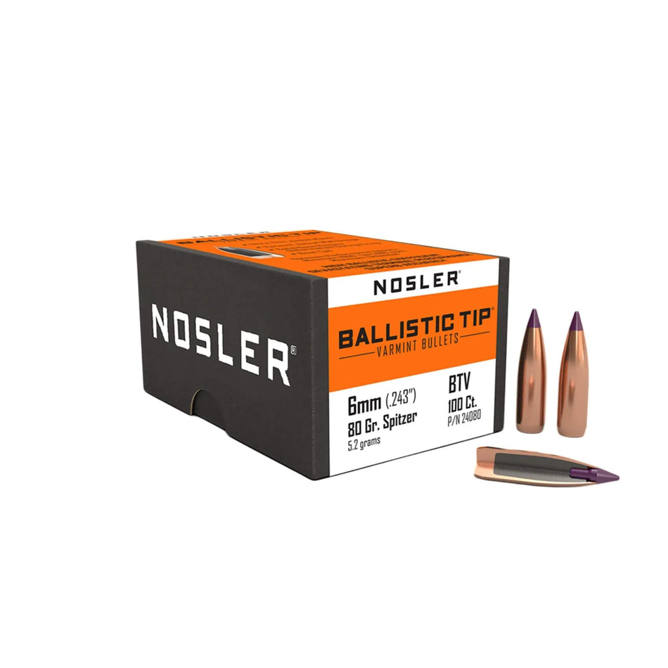 Nosler Ballistic Tip Varmint 6mm .243 80Gr Spitzer Purple Tip Projectiles