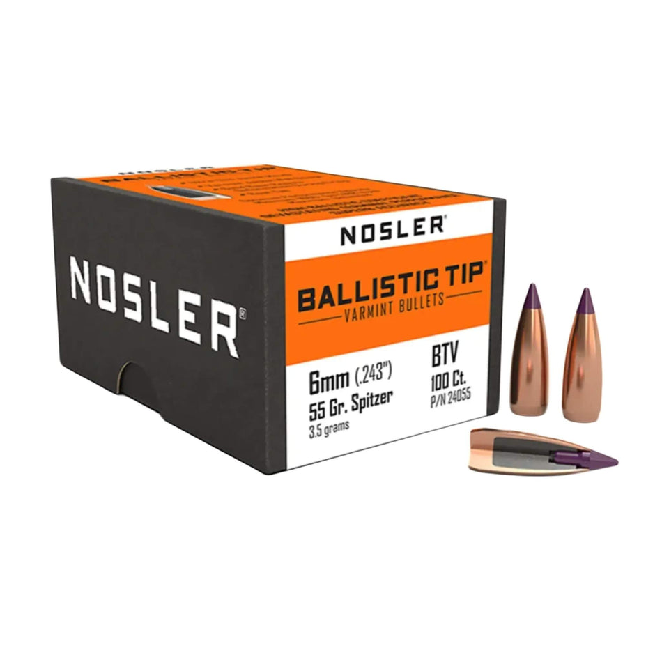 Nosler Ballistic Tip Varmint 6mm .243 55Gr Spitzer Purple Tip Projectiles