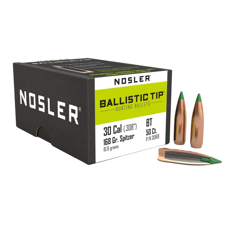 Nosler Ballistic Tip Hunting 30Cal .308 168Gr Spitzer Green Tip Projectiles