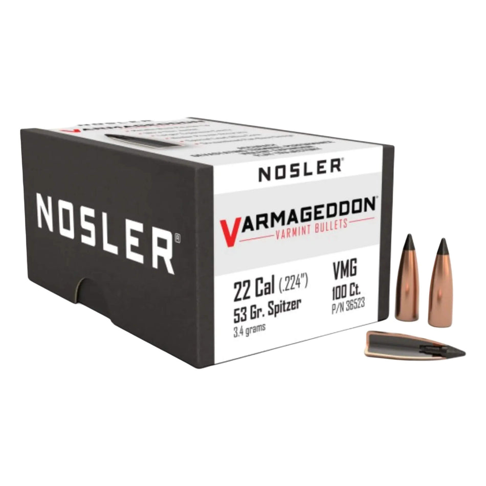 Nosler Varmageddon 22Cal .224 53Gr Flat Base Metallic Black Tip Projectiles