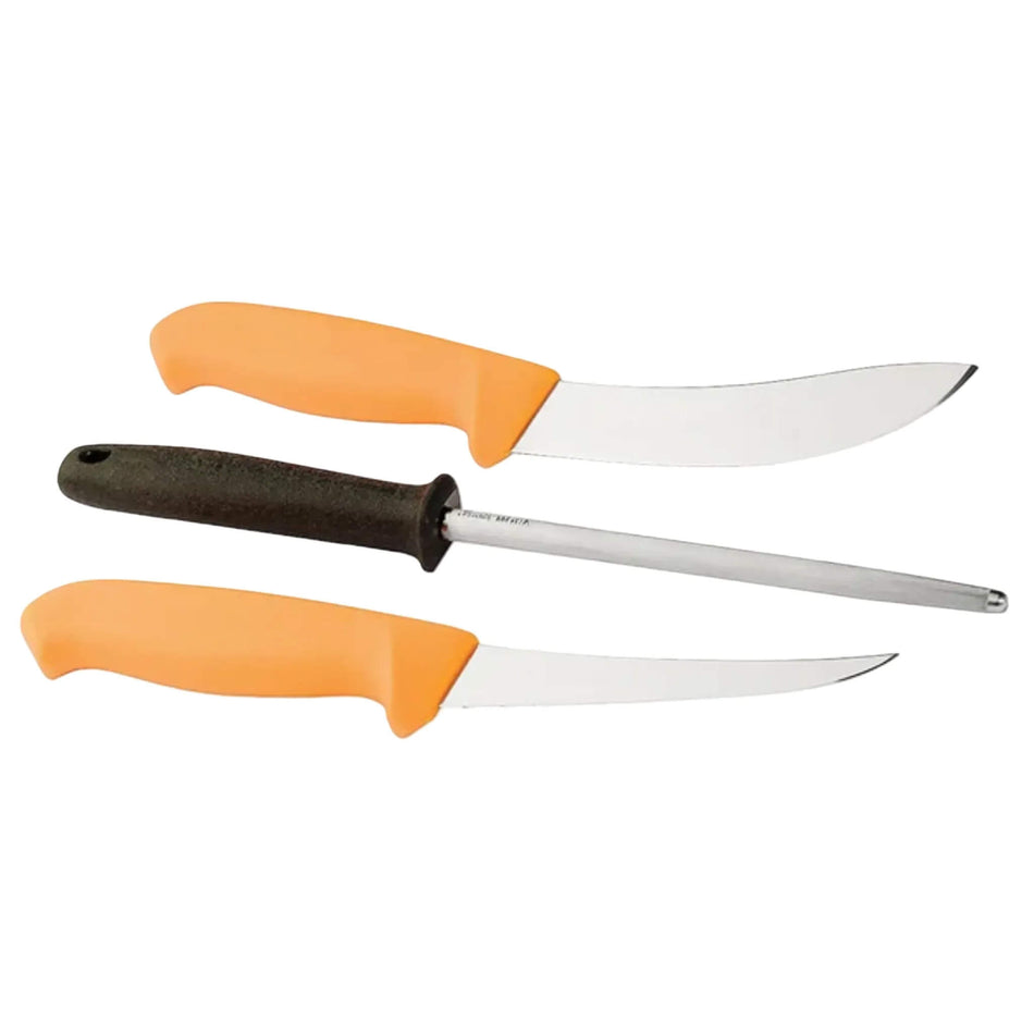 Morakniv Hunting Knife Set- 2 Knives Skinning 145mm/Butcher 132mm Knives And Sharpening Steel Hi-Vis Orange